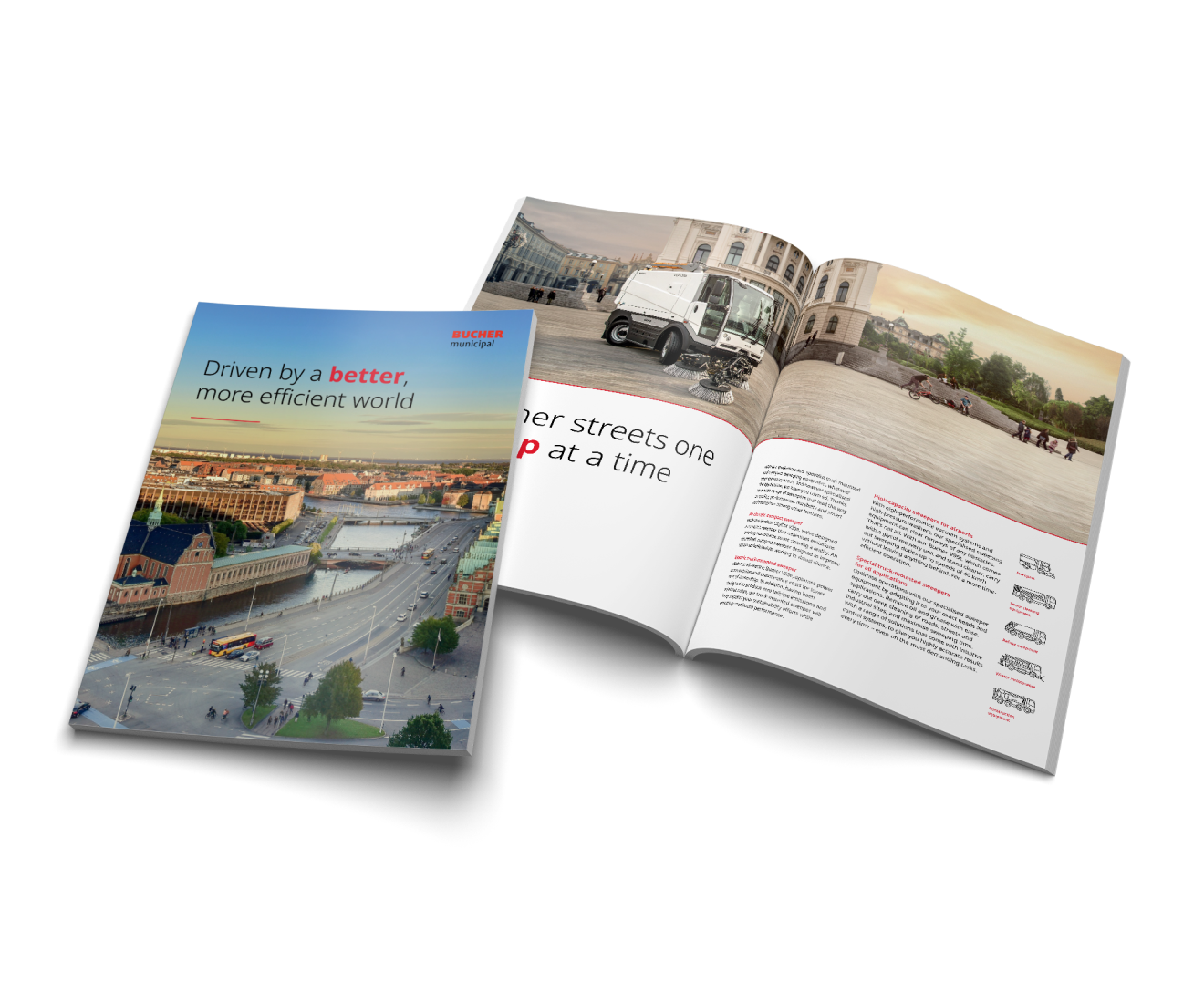Bucher brochures featuring cityscapes and a street sweeper.