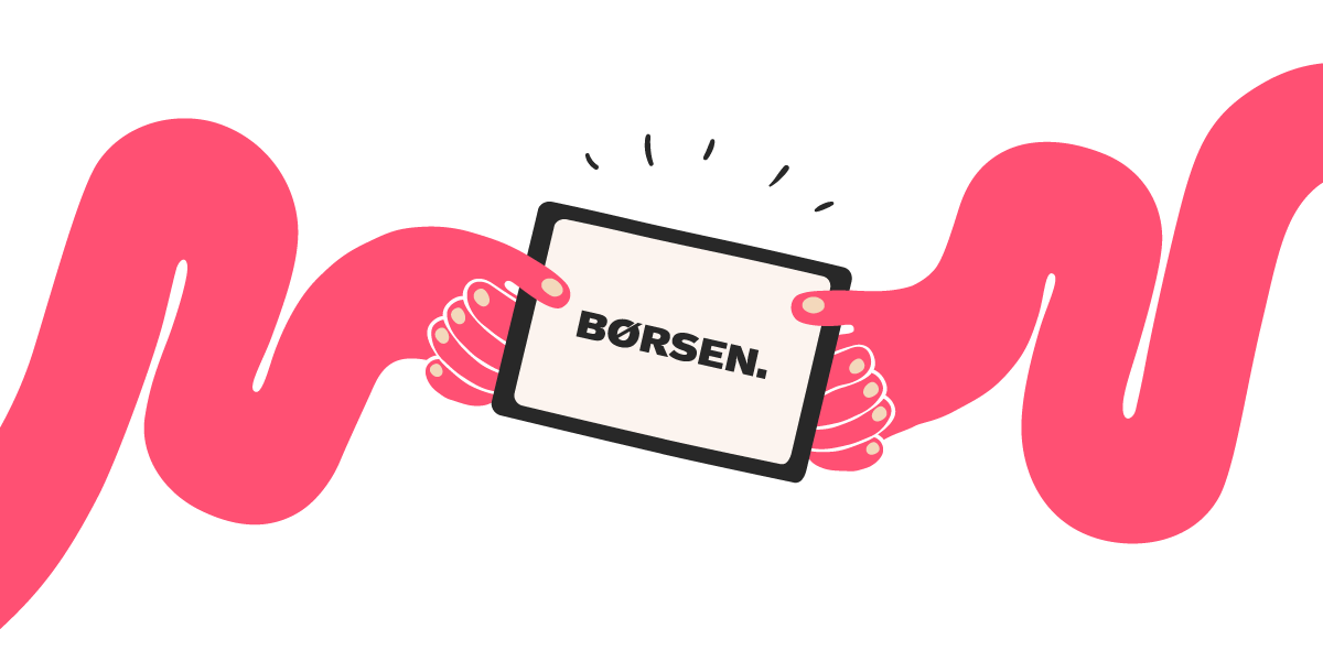 Illustration of two long pink arms holding a tablet displaying the Børsen logo.