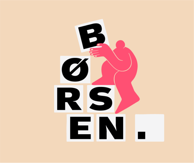 Illustration of a pink figure arranging letter blocks to spell “BØRSEN” on a beige background.