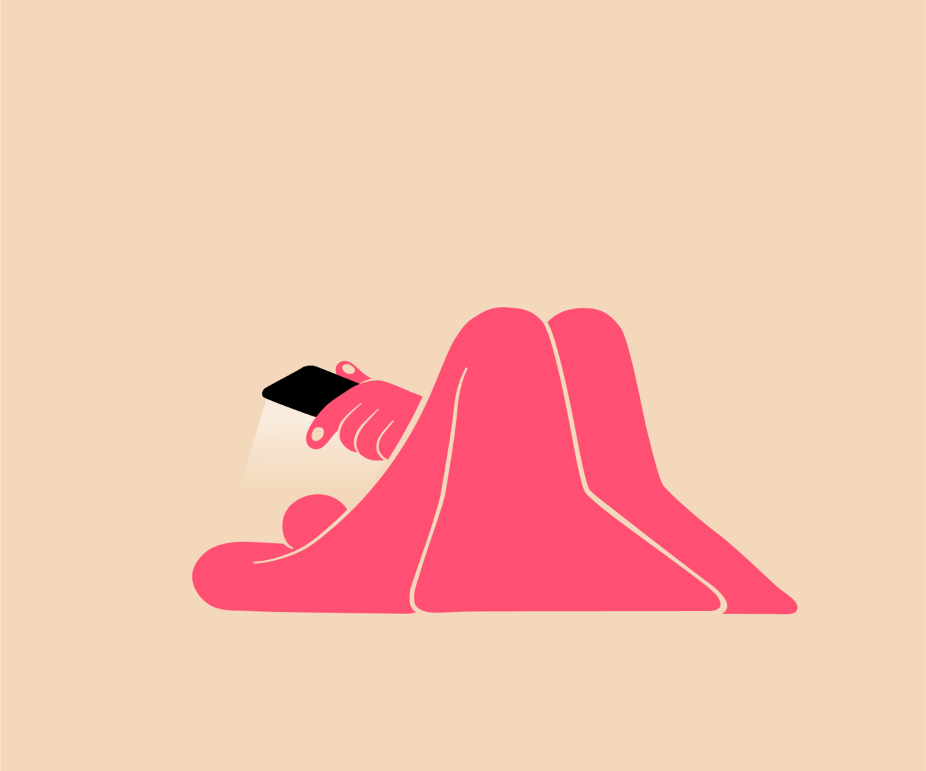 Stylised pink figure reclining with raised knees and holding a black smartphone against a beige background.