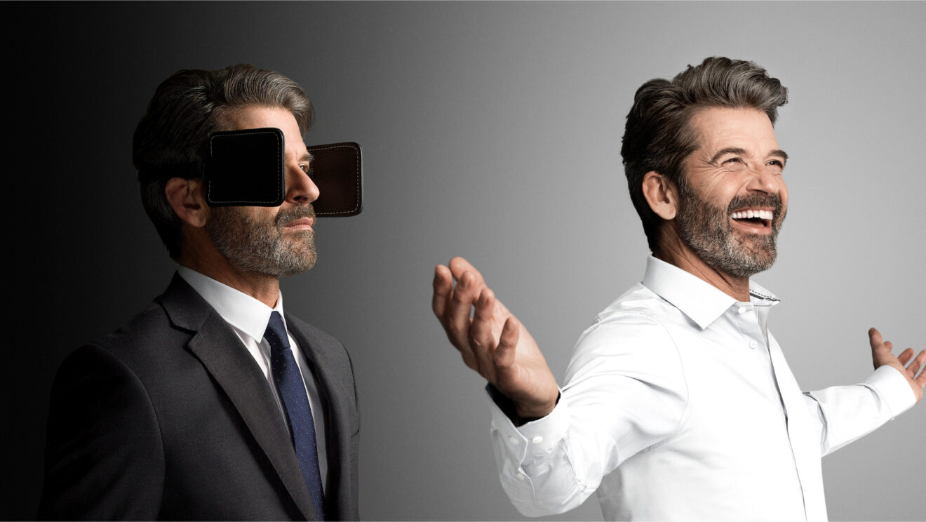 A man wearing black eye shields beside a smiling version of himself with open arms.
