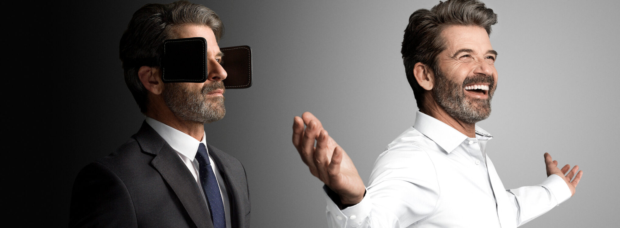 A man wearing black eye shields beside a smiling version of himself with open arms.