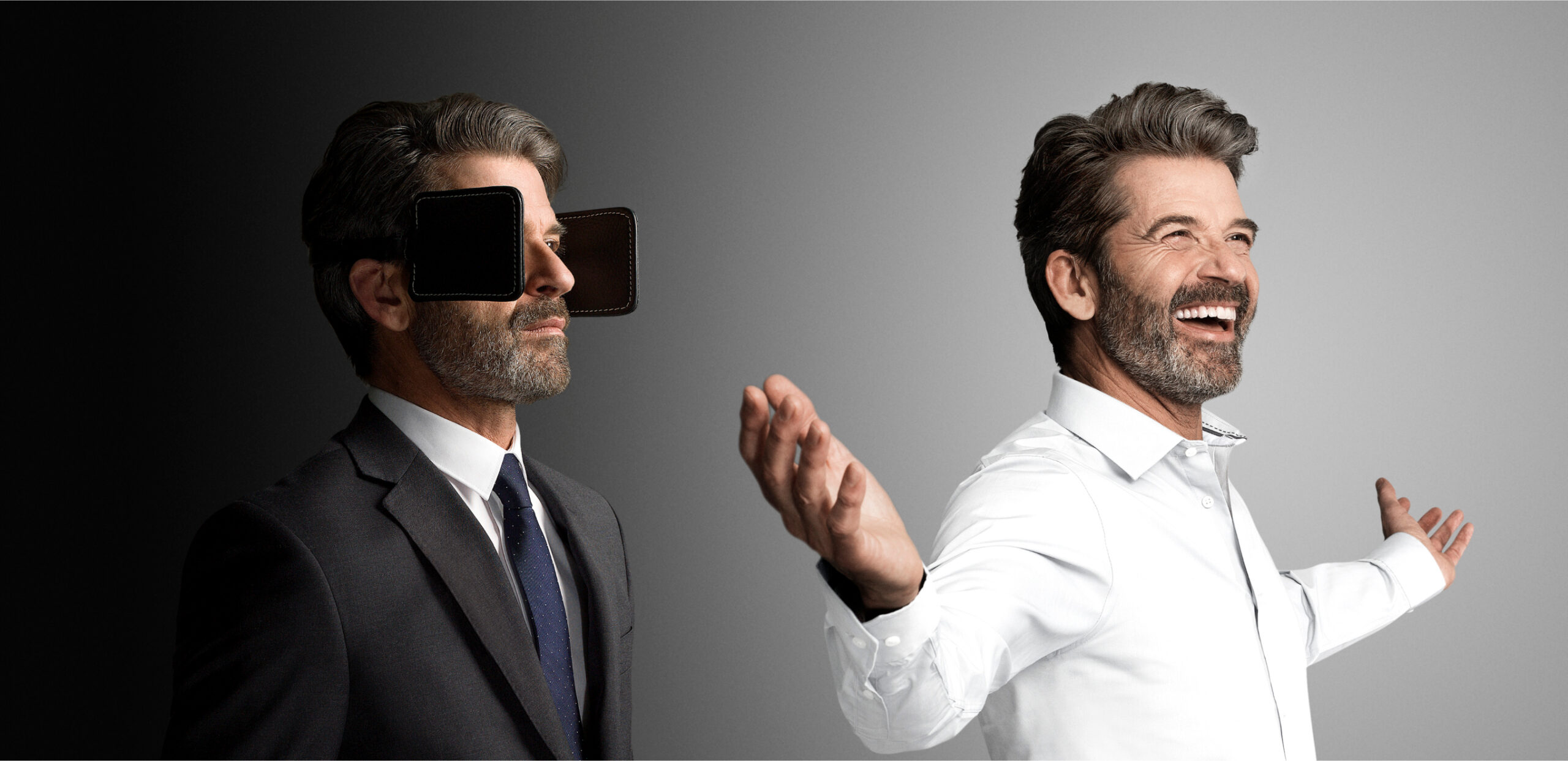 A man wearing black eye shields beside a smiling version of himself with open arms.