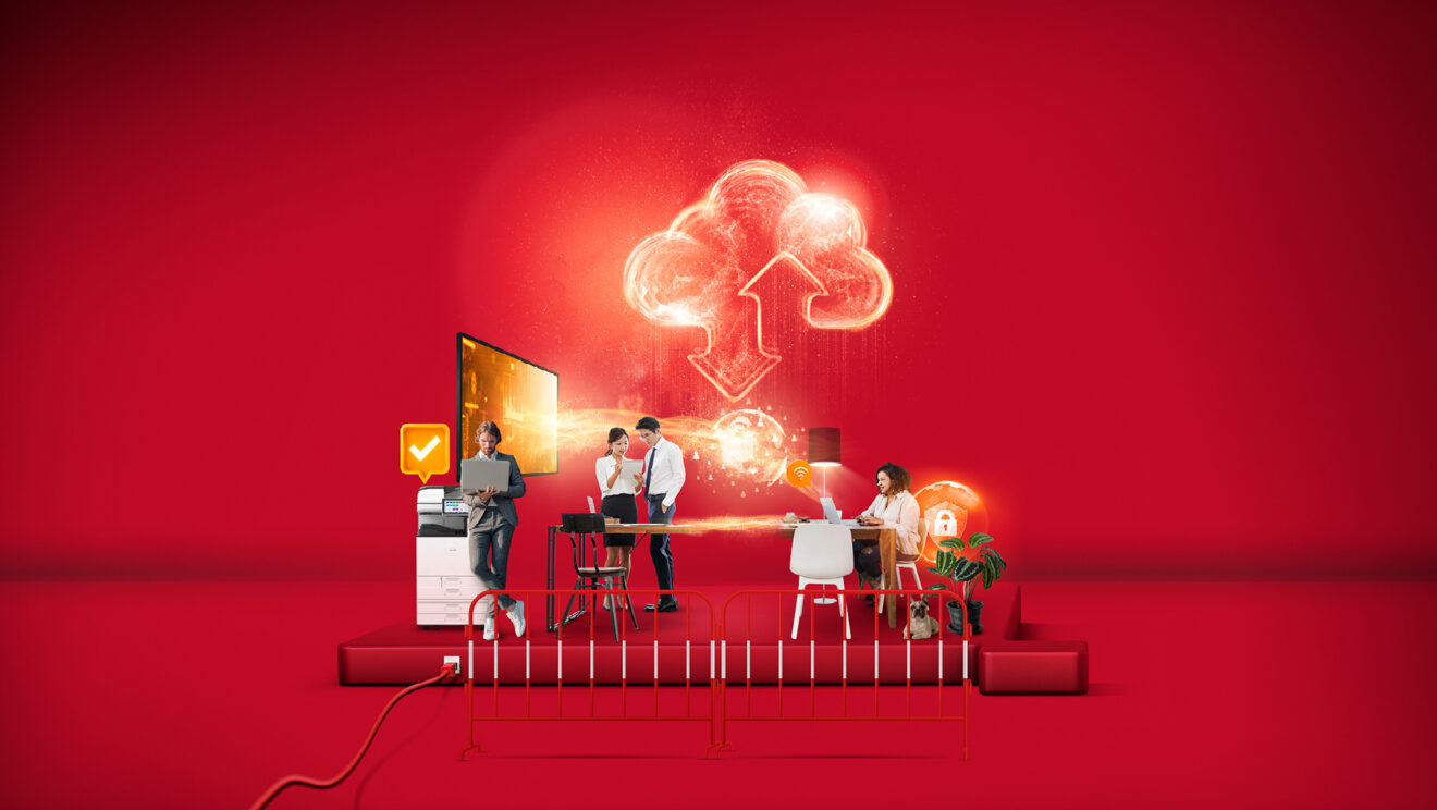 People using digital devices beneath a glowing cloud icon on a red background.