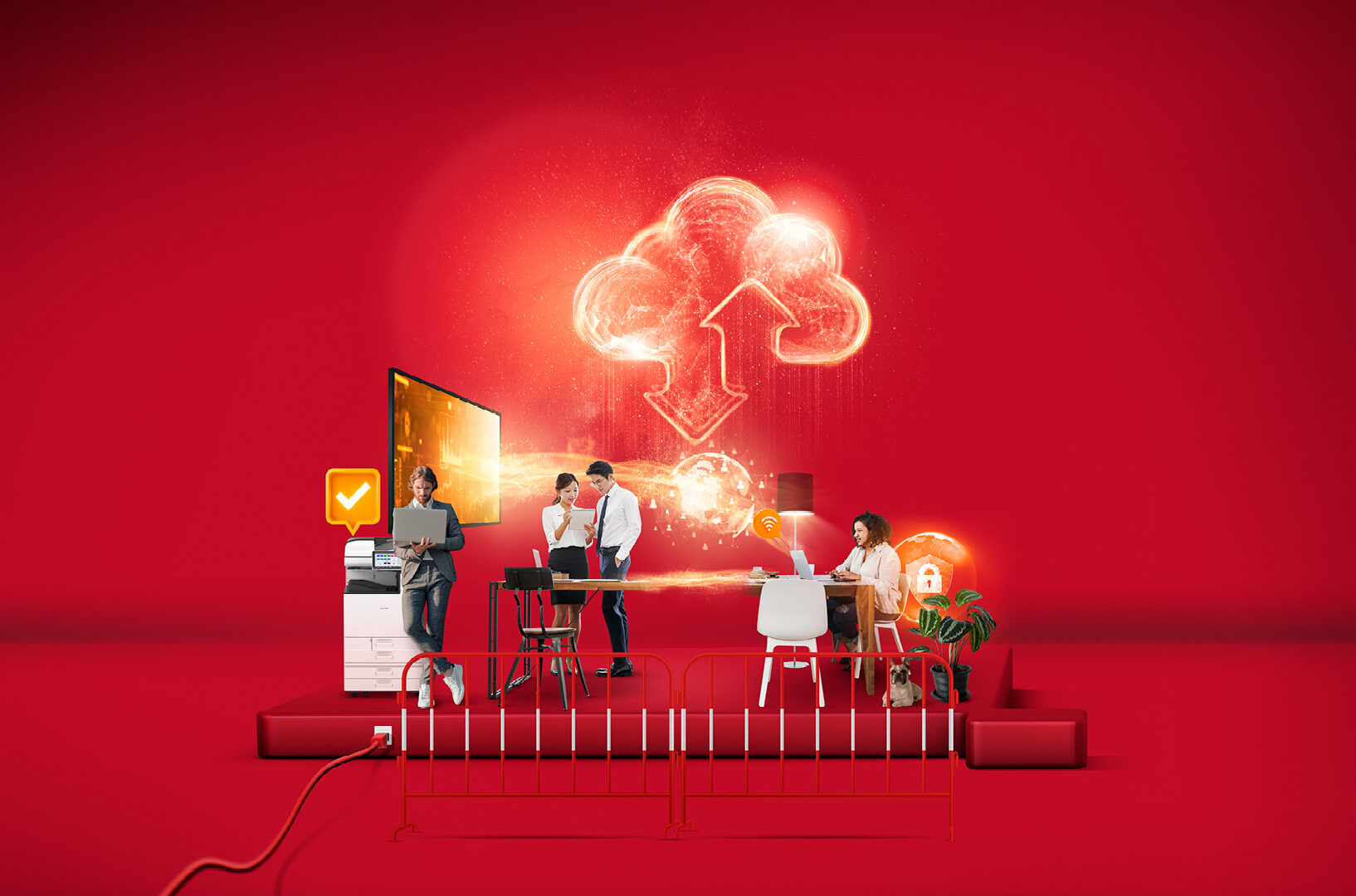People using digital devices beneath a glowing cloud icon on a red background.