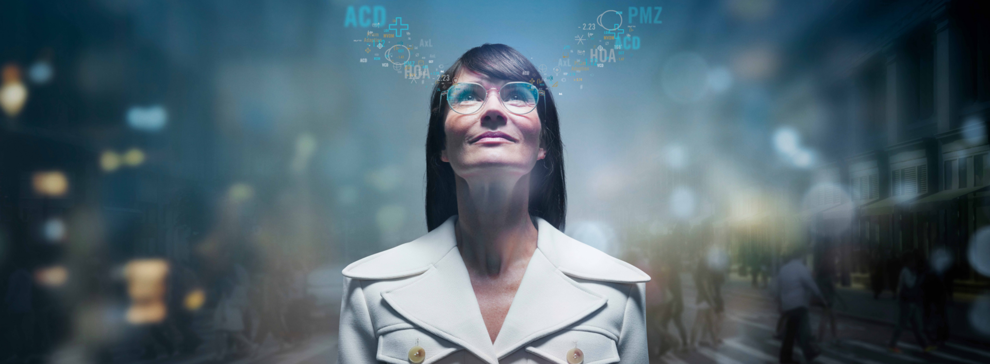 Woman wearing glasses with digital eye measurements overlaid above her lenses.