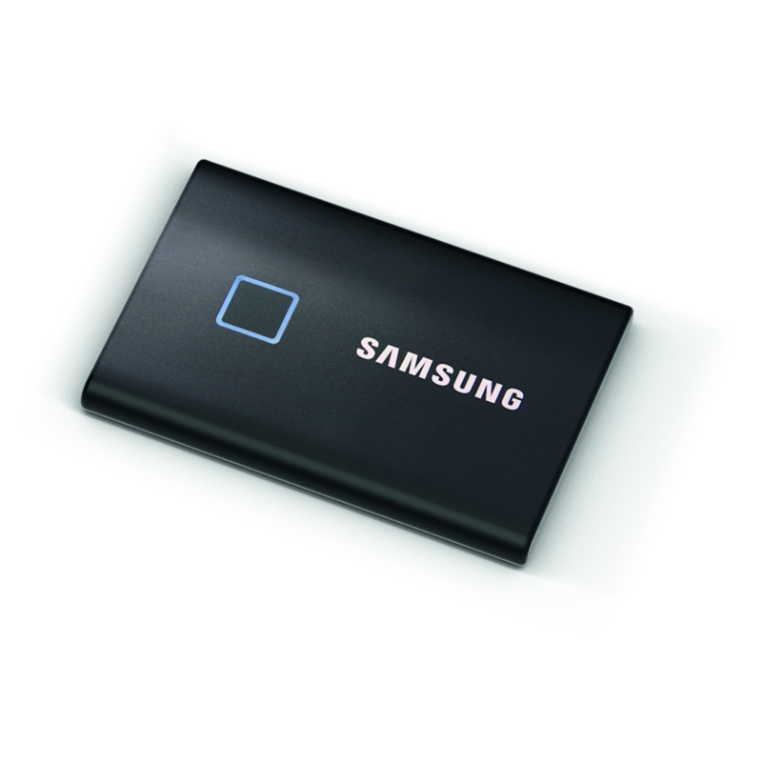 A slim black Samsung device shown at an angle against a white background.