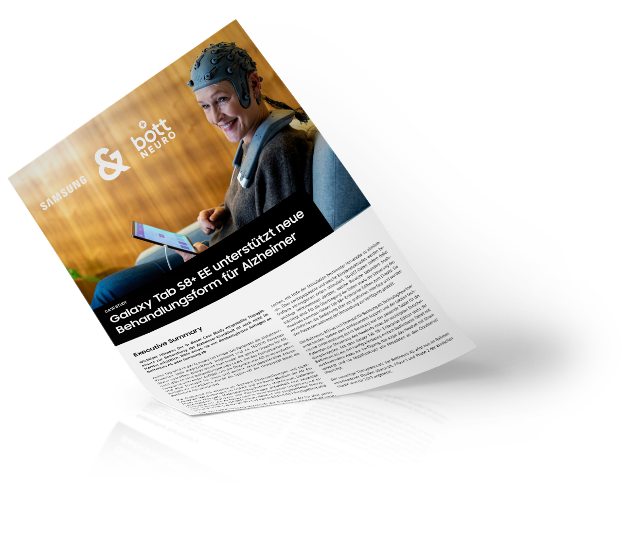 Samsung and Bottneuro case study featuring a woman wearing a sensor cap and using a tablet for Alzheimer’s treatment.