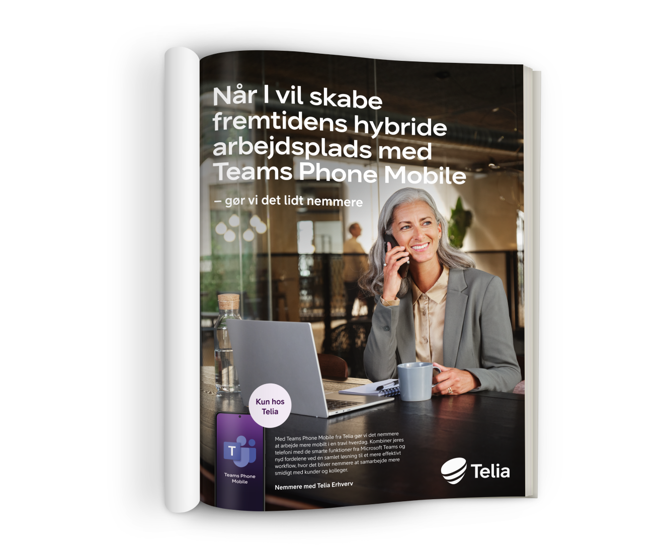 Telia magazine ad for Teams Phone Mobile, featuring a woman talking on her phone beside a laptop in an office.