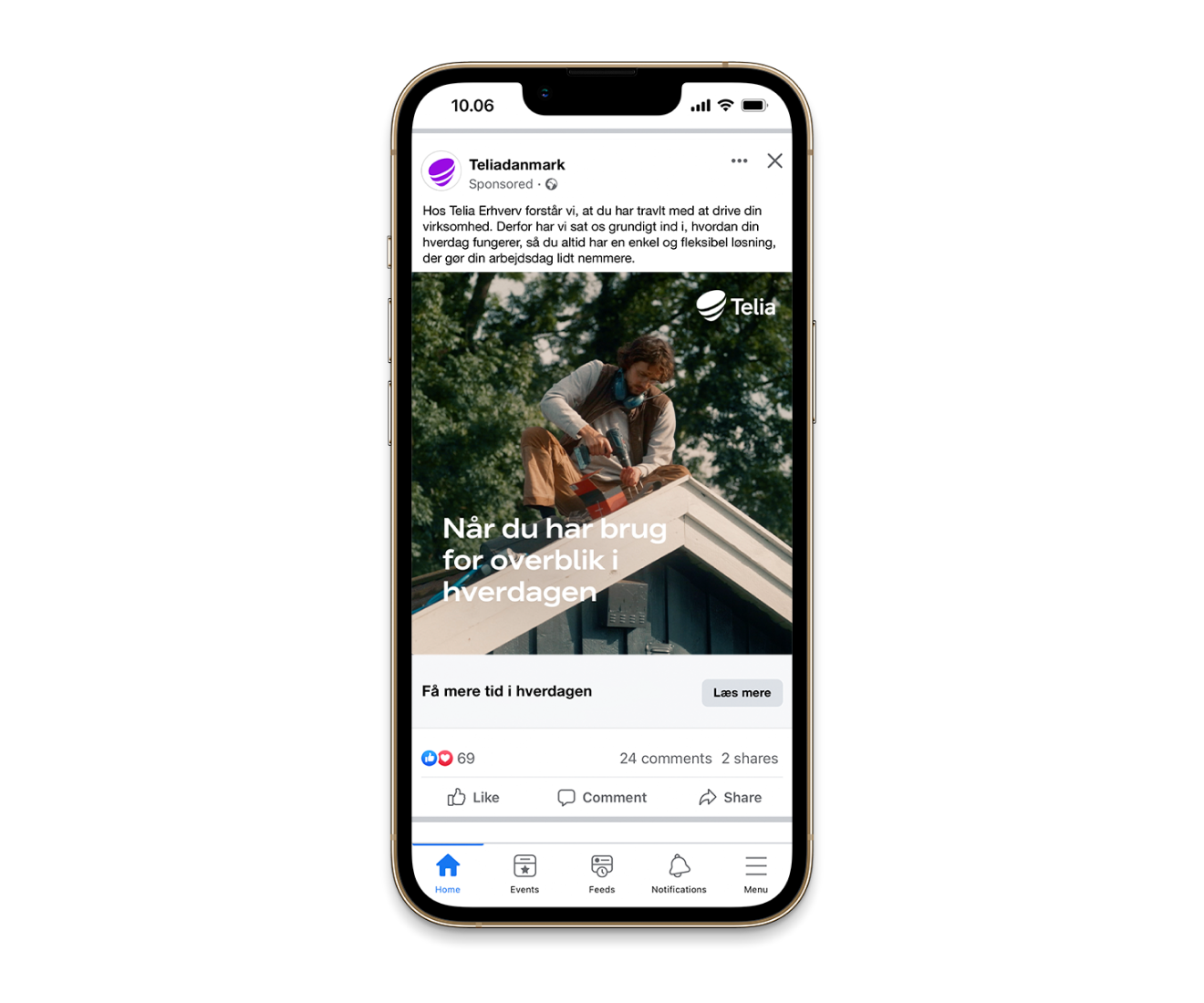 Phone displaying a Telia business Facebook ad featuring a carpenter working on a roof.
