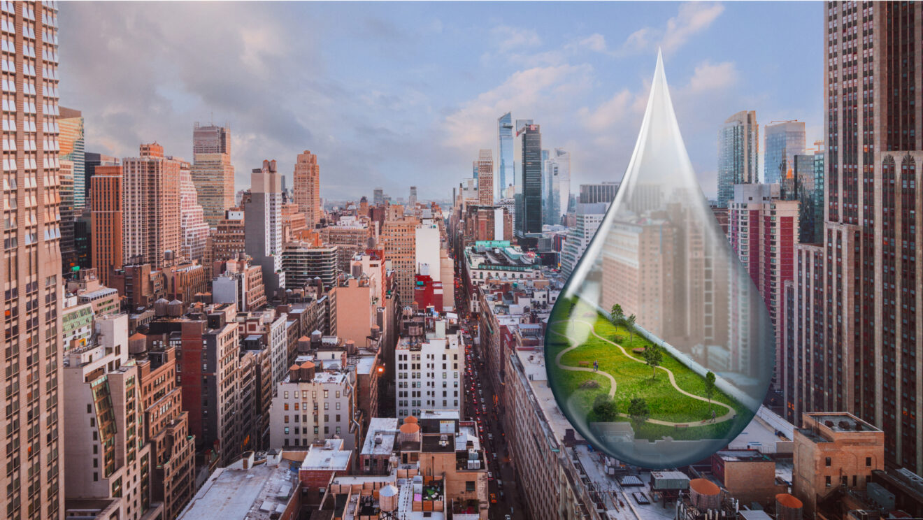 City skyline with a large water droplet graphic containing a green rooftop garden with winding paths.