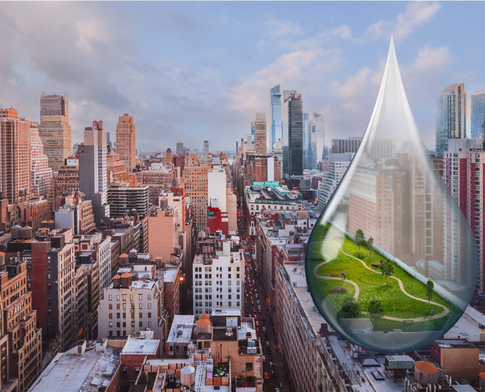 City skyline with a large water droplet graphic containing a green rooftop garden with winding paths.