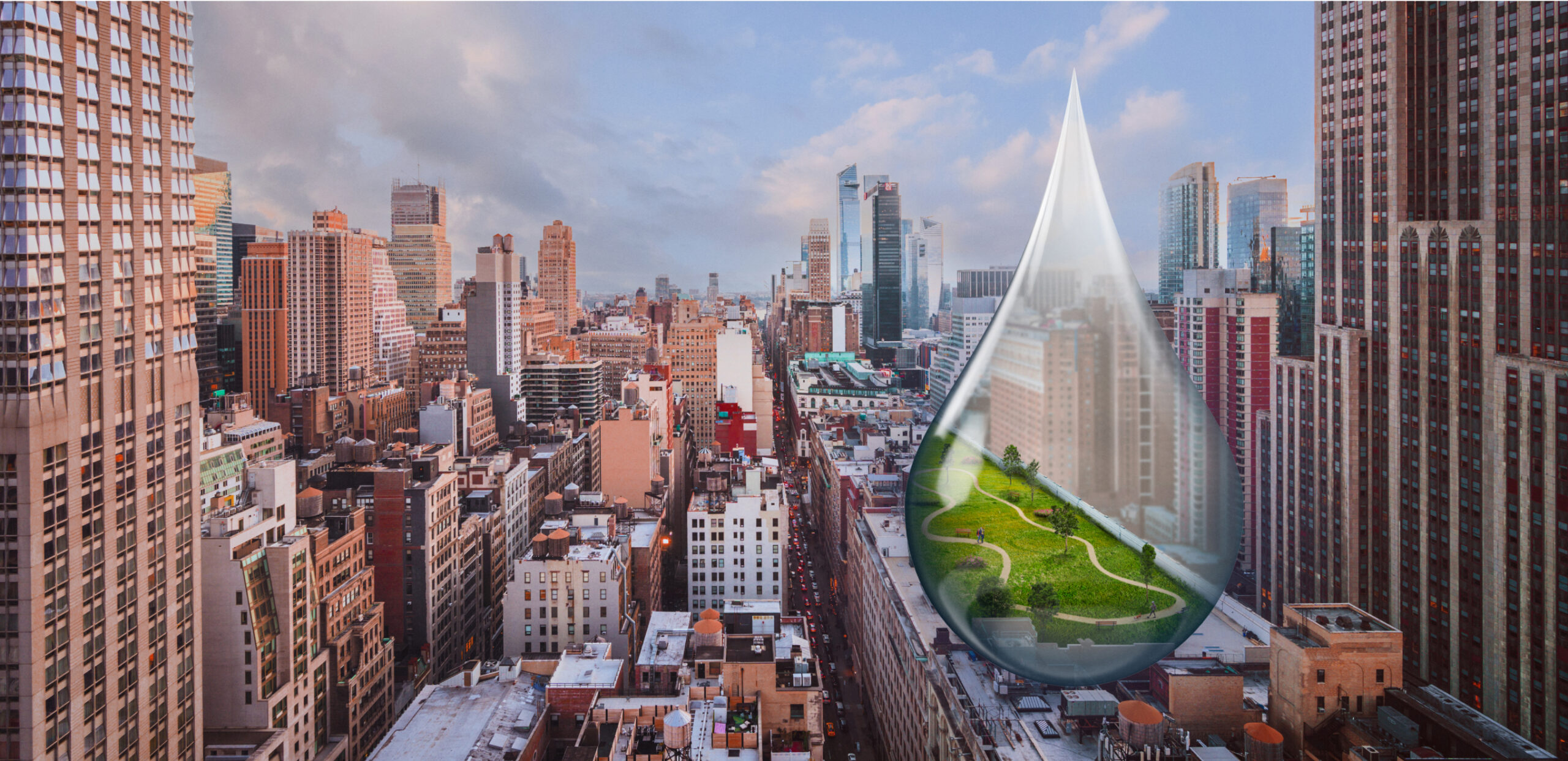 City skyline with a large water droplet graphic containing a green rooftop garden with winding paths.