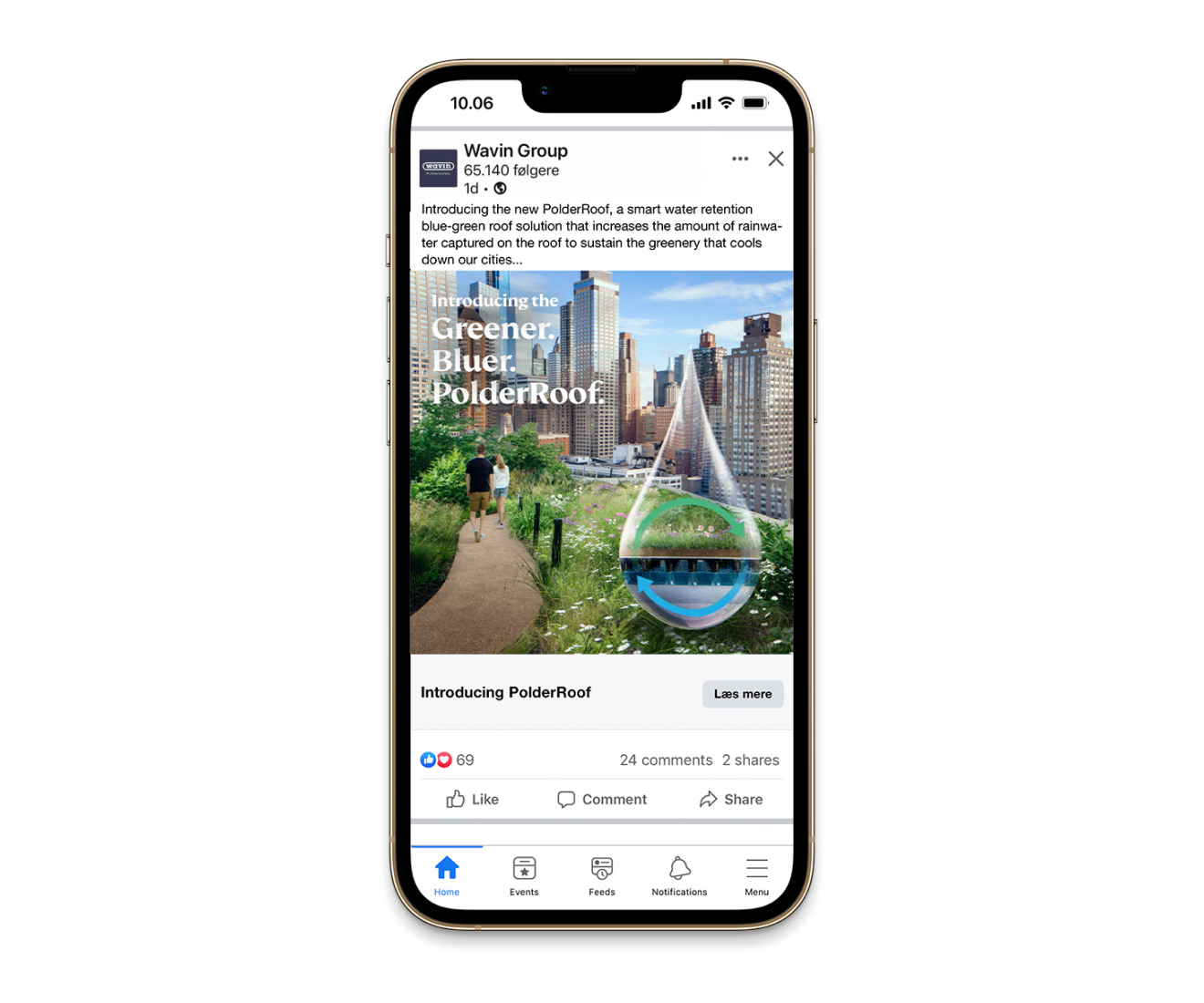 Phone displaying a Wavin PolderRoof ad featuring a rooftop garden and a graphic illustrating rainwater storage.