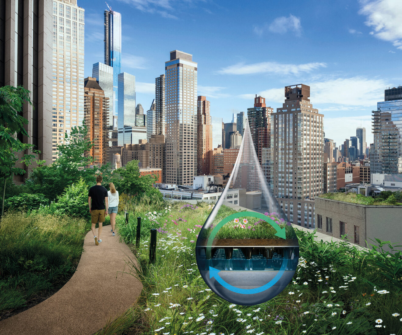 Two people walking through a rooftop garden against a city skyline, with a water droplet graphic illustrating water circulation beneath the plants.