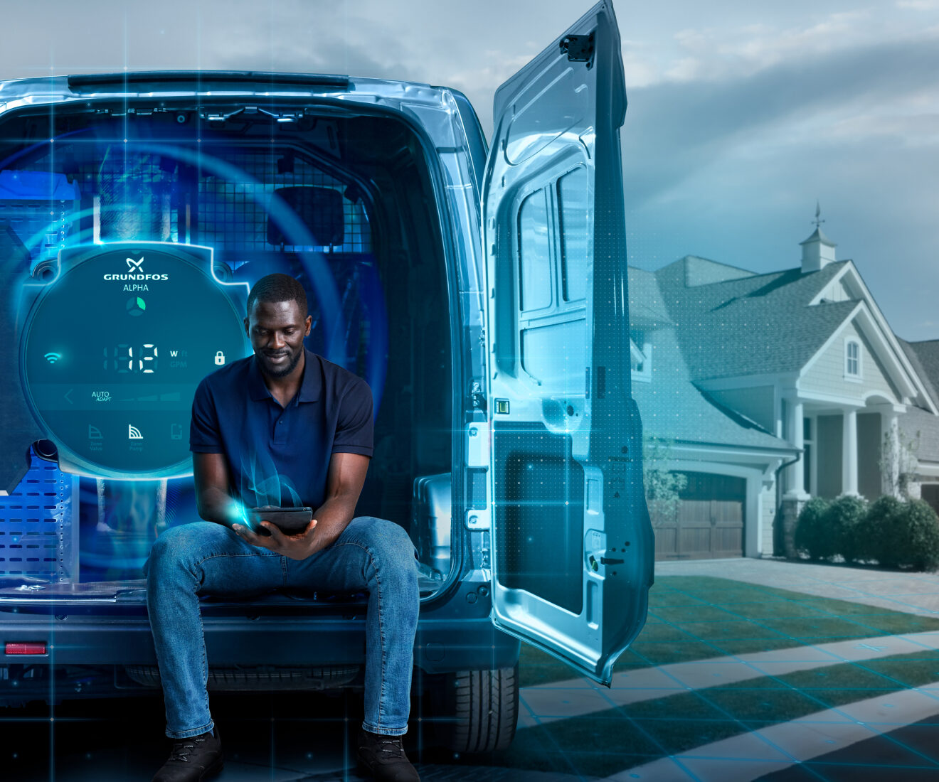 A man sitting in the back of a van.