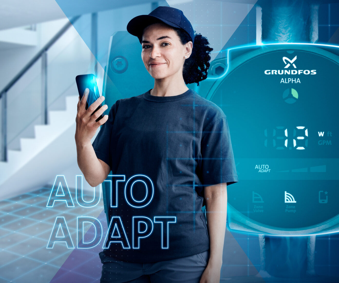 Grundfos digital next, woman holding smartphone.