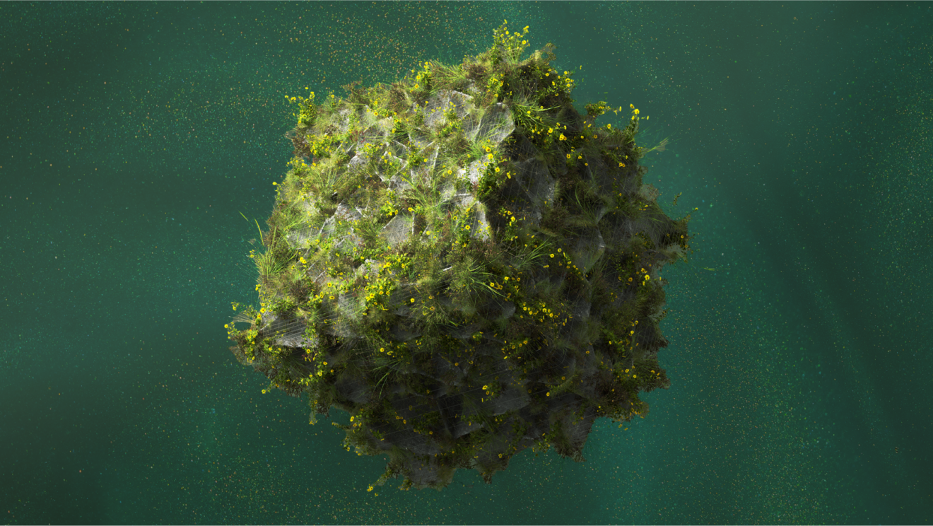 Digital illustration of a floating rocky sphere covered in grass and yellow flowers against a dark green background.