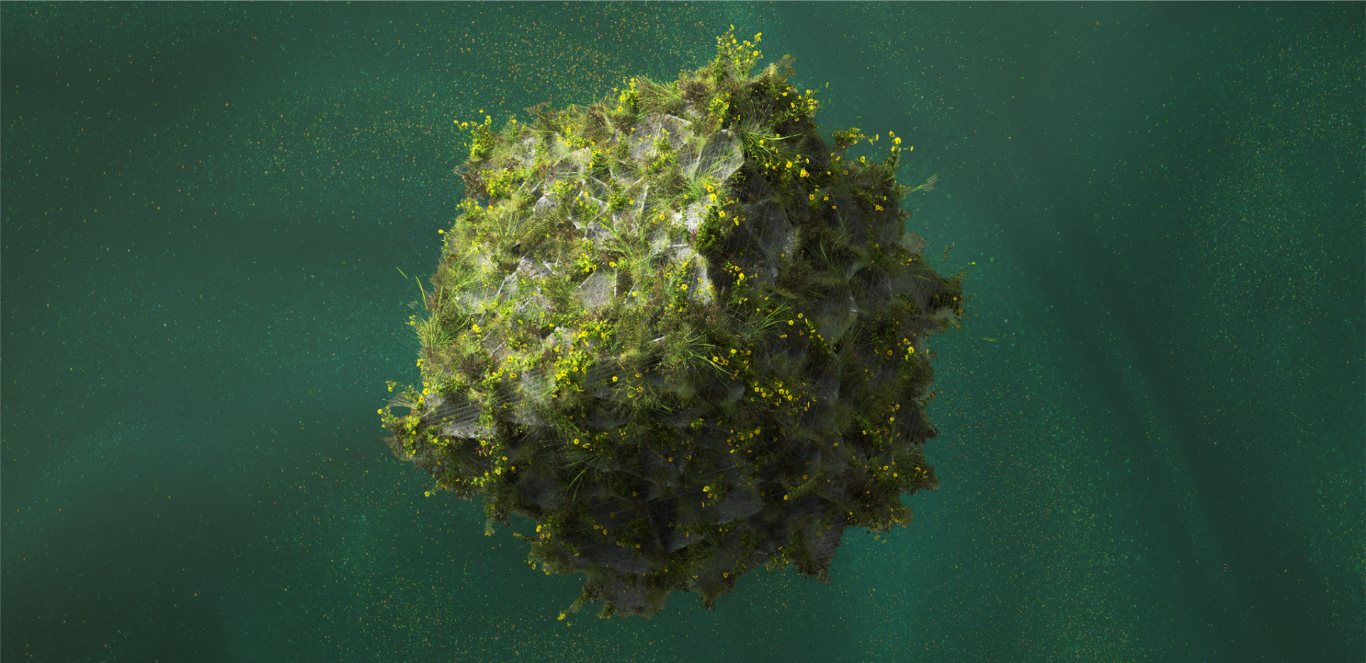 Digital illustration of a floating rocky sphere covered in grass and yellow flowers against a dark green background.