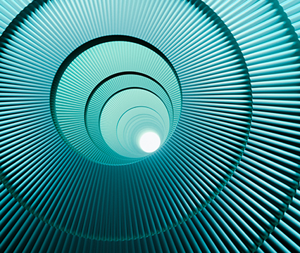 A turquoise ribbed tunnel leading to a bright circular opening.