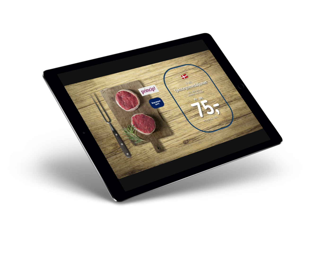A tablet displaying a Princip advertisement for two beef steaks.