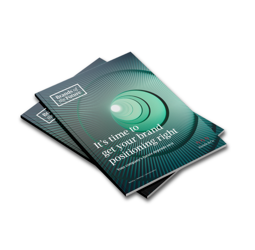 Two stacked English “Brands of the Future” brochures featuring a green spiral staircase and a headline about rethinking brand positioning.
