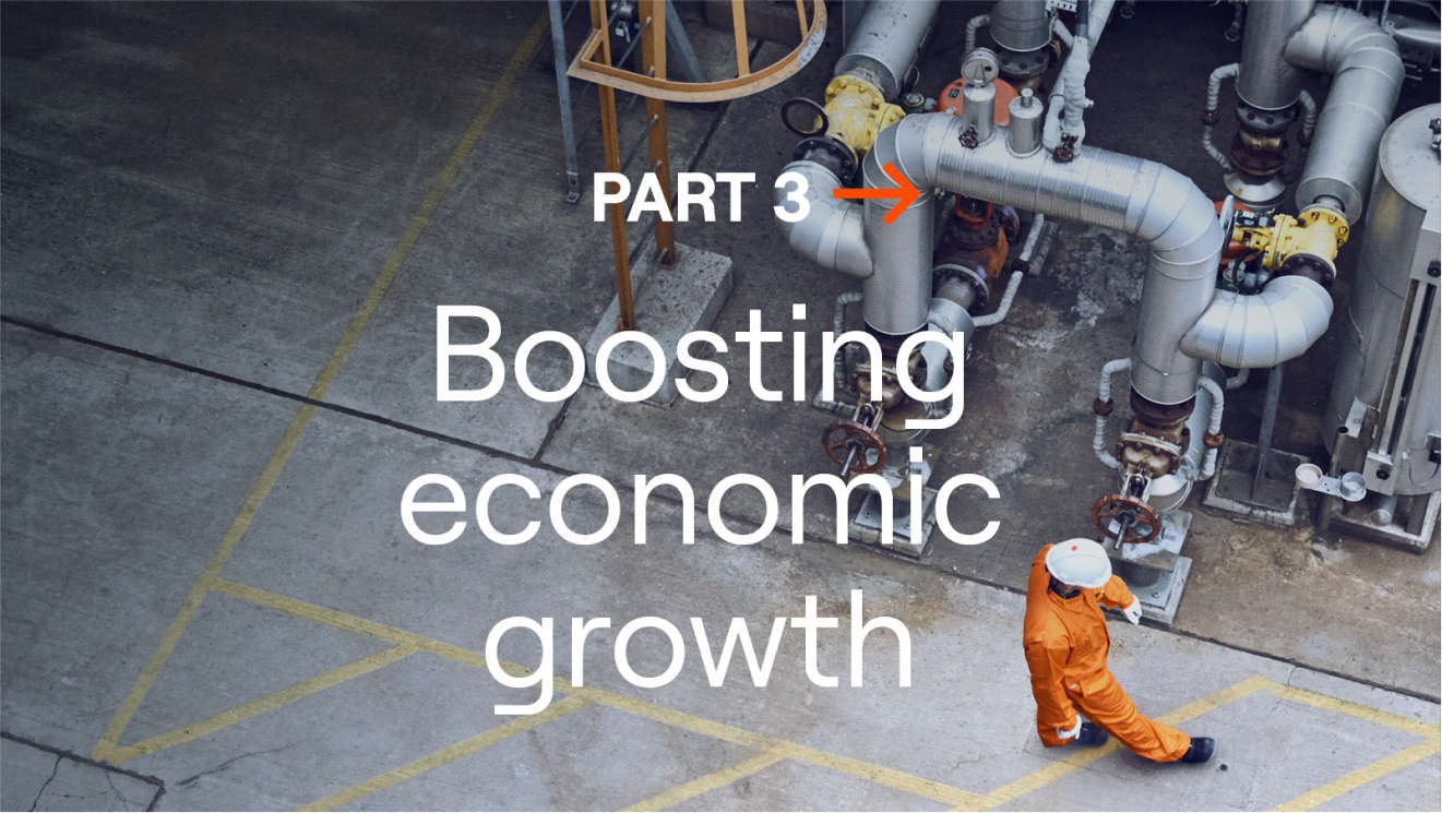Aerial view of an industrial facility with large pipes and a worker in orange safety clothing, overlaid with the text “Part 3: Boosting Economic Growth”.
