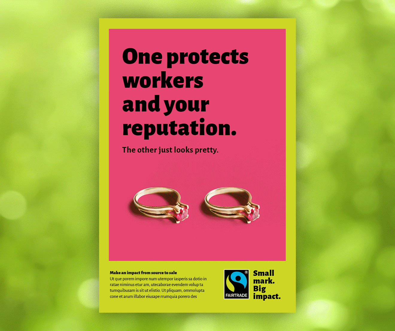Fairtrade campaign featuring different posters against a lime-green background.