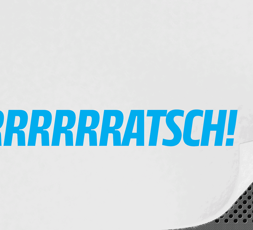 RRRRRRRRATSCH! text on peeling white paper.
