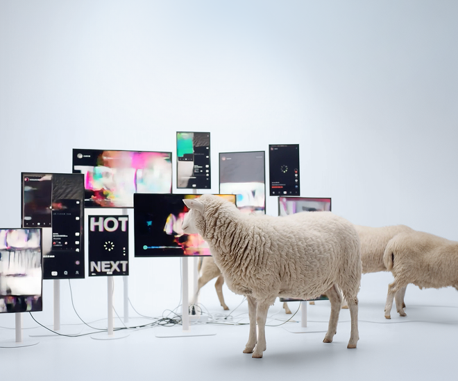 A sheep looking at multiple screens.