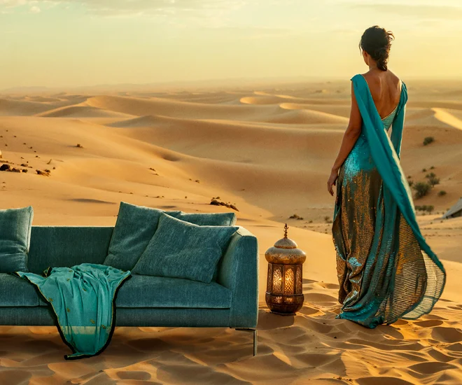 A woman in a turquoise dress standing behind a turquoise Eilersen sofa.
