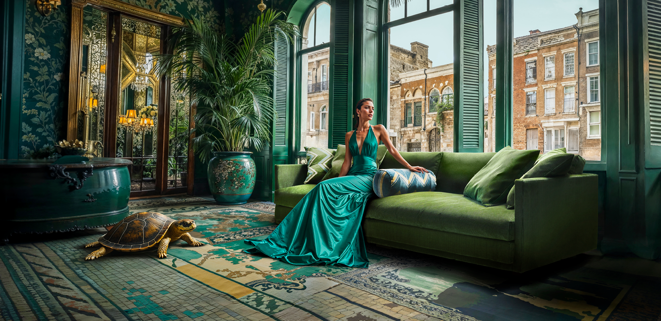 Woman sitting on an Eilersen green sofa.